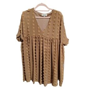 Listicle Womens Dress Medium Tan Pom Pom Bohemian V Neck Short Sleeve